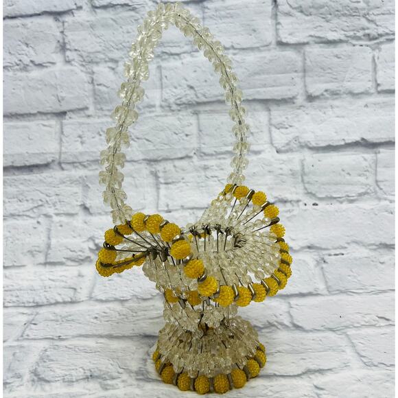 Vintage Handmade Beaded Safety Pin Basket Mid Century Yellow Silver 12" tall - Picture 2 of 5